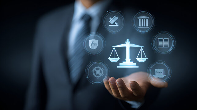 Legal and governance concept showing businessman with holographic justice, law, and compliance icons, symbolizing corporate law, regulations, and balanced authority