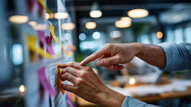 Close up of hands at a bright office placing a risk and assumption log entry on a project board with color coded severity indicators warm risk management meeting lighting