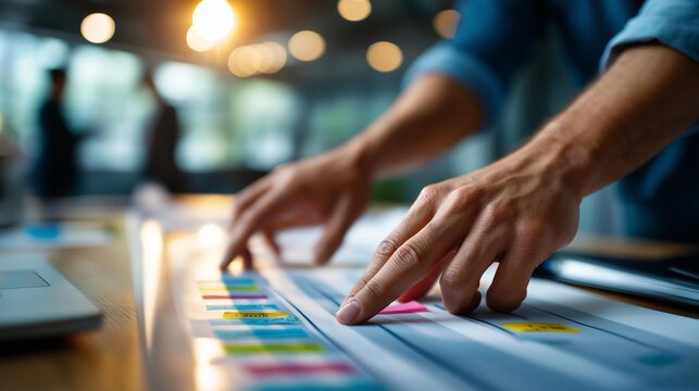 Close up of hands at a bright office with a value stream mapping on a long paper roll showing process steps with cycle times and waste identification marks warm process