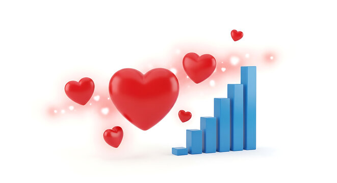 Rising bar chart graph showing growth and success with red hearts and glowing lights, symbolizing love, passion, or positive results