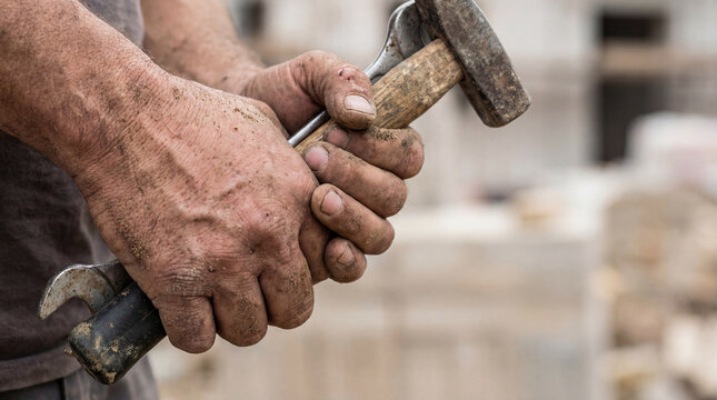Rough builder hands gripping tools, close up of manual craftsmanship
Close up of a builder&rsquo;s rough hands holding tools, highlighting the texture and reality of manual craftsmanship and skilled labor w