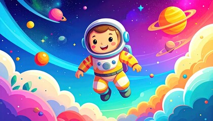 Naklejka premium Cartoon astronaut floats among colorful planets, clouds and stars