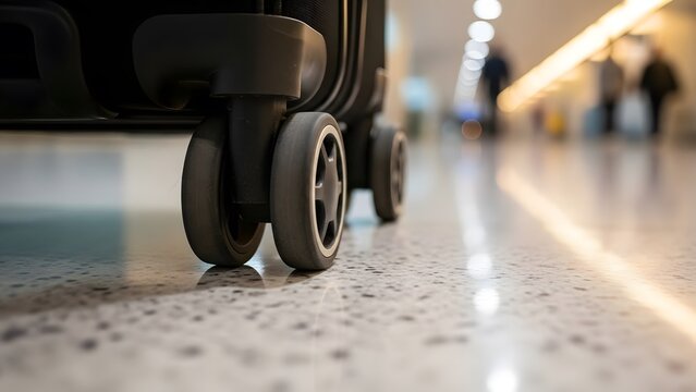 Luggage wheels rolling in airport terminal low angle travel background