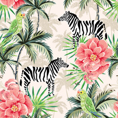 Naklejka premium Tropical zebra, green parrots, pink rose flowers, palm trees, silhouettes, blush background. Seamless pattern. Vector illustration. Exotic plants, animals, birds. Summer beach design. Paradise nature