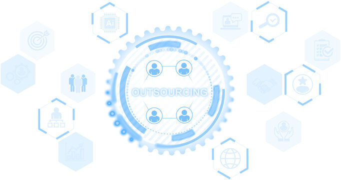 Blue circular outsourcing icon with connected people in minimal graphic style on white background, concept of business workflow management