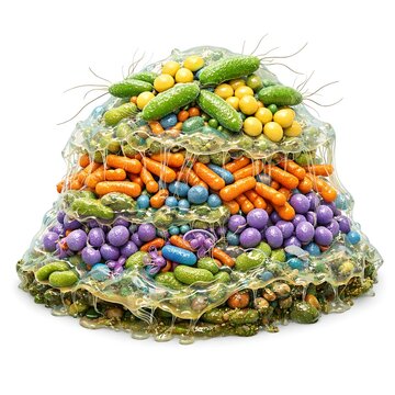 Microscopic view of colorful bacteria colony in a sticky biofilm matrix, 3d illustration of multicellular microbial community and pathogens