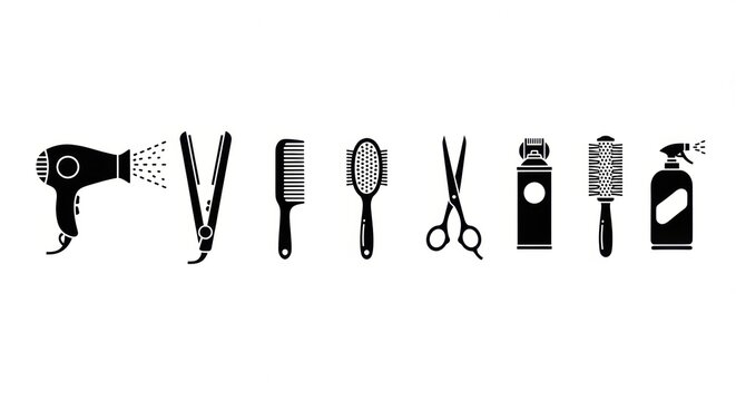 Collection of essential hair styling tools, including a hairdryer, flat iron, comb, scissors, hairspray, and rollers, perfect for salon or home use
