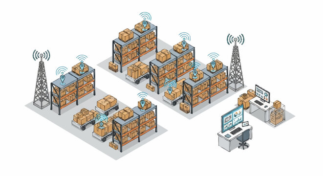A logistics and shipping warehouse facility with cell towers and computer.