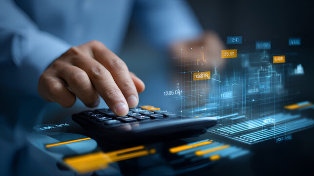 Risk management and financial strategy concept with businessman analyzing investment data and protecting assets, using calculator, digital dashboard to evaluate low, medium, high business risk levels