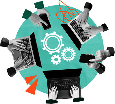 Hands working on laptops and smartphones in a collage style on white background showing teamwork concept for modern workflow and communication template layout cut
