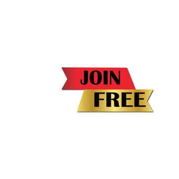 Join Free Gold and Red Ribbon style call to action button, Gold and Red Discount Label on PNG transparent  Background