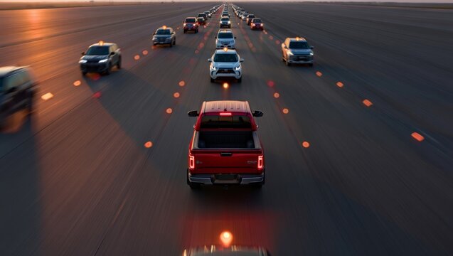 A red pickup truck on a busy highway during evening rush hour with multiple lanes of traffic
