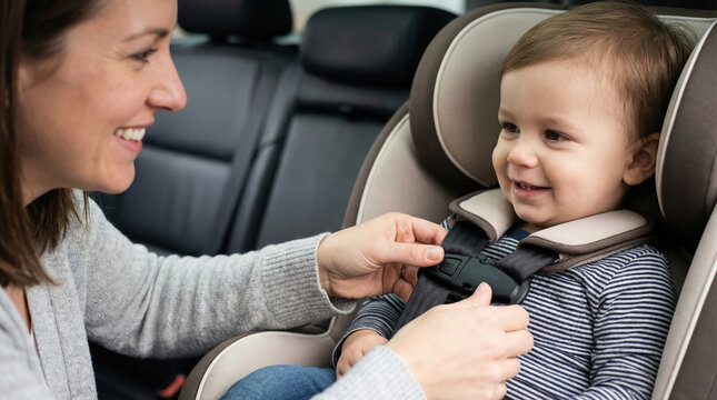 Mother fastening buckle on child car seat to secure baby. Smiling woman buckling toddler in safety device inside vehicle. Concept of safe transport, parenting responsibility and protection.