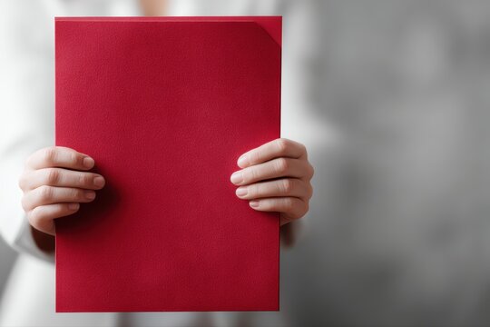 Hands holding red folder, office document concept