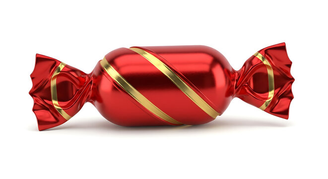 Red metallic candy wrapper with golden stripes, isolated on a white background, symbolizing sweetness and celebration