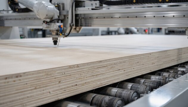 Closeup of automated machinery producing precise thin CLT panels tailored for lightweight flooring solutions in contemporary buildings.