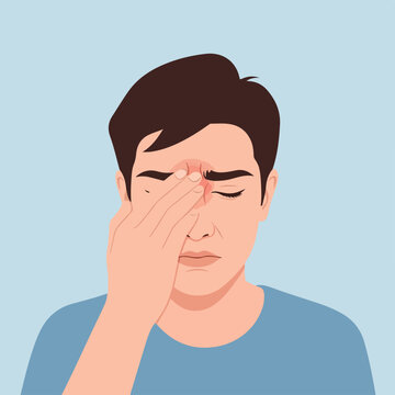 Illustration of a man suffering from a headache and holding his painful forehead
