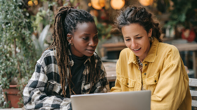 Two women discussing work while looking at a laptop in a casual setting