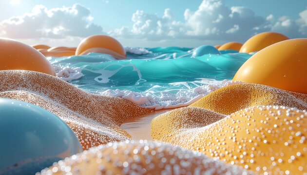 Aesthetic 3D background of soft, inflated abstract shapes in vibrant summer colors like mango orange, ocean blue, and soft sand. The shapes have a glossy, liquid-like finish with subtle reflections