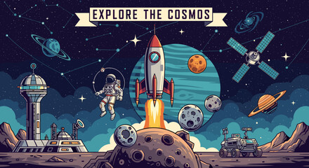 A vibrant illustration of space exploration with a rocket launch, astronaut, planets, and a lunar base. © cemoro