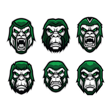 Set of aggressive gorilla head mascot logos with green color scheme.