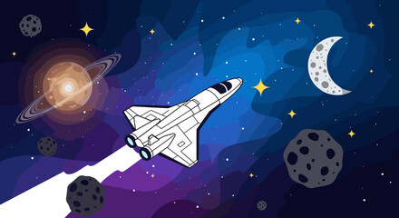 A cartoon-style illustration of a white spaceship flying past planets, a crescent moon, and asteroids in a vibrant, starry outer space. © cemoro