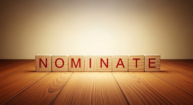 Nominate word on wooden stage with warm spotlight for awards or elections
