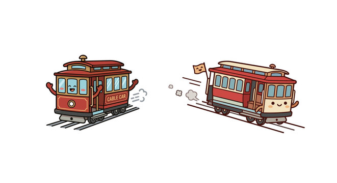 Vintage Red Cable Car Characters Traveling on Rails, Traditional San Francisco Style Streetcar Kawaii Transport Mascot Vector Illustration