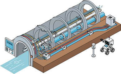Naklejka premium Isometric Illustration of a Futuristic High-Tech Tunnel Infrastructure with Robot and Scientific Equipment, Particle Accelerator or Hyperloop Technology Concept