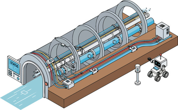 Isometric Illustration of a Futuristic High-Tech Tunnel Infrastructure with Robot and Scientific Equipment, Particle Accelerator or Hyperloop Technology Concept