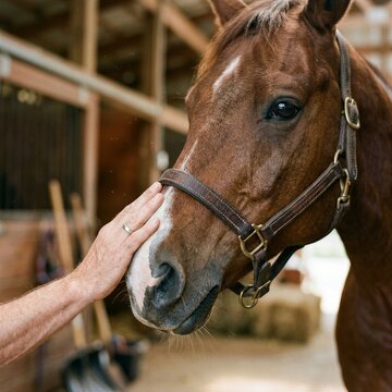 Hand petting horse showing gentle animal bond