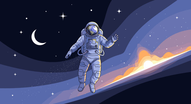 Astronaut floating in the vastness of space with a crescent moon and stars in the background, and a glowing horizon.