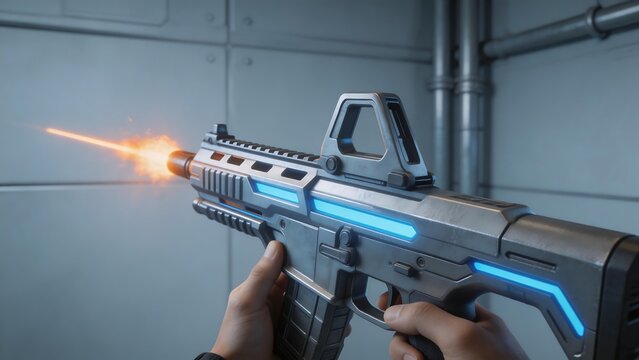 Person holding futuristic gun firing