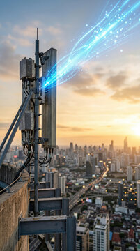 5G cellular network antenna tower broadcasting data streams over a city skyline at sunset. Digital transmission of information for wireless mobile connection and communication technology.