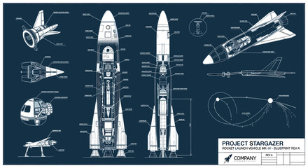Blueprint of Project Stargazer Rocket Launch Vehicle, showcasing detailed internal and external views, engine components, and flight path schematics. © cemoro