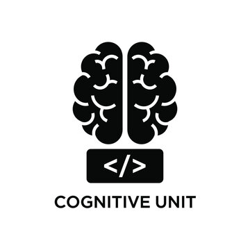 A stylized black silhouette depicts a human brain combined with coding brackets representing cognitive computing high quality professional detailed modern