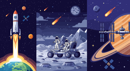 A triptych showcasing a rocket launch, astronauts on the moon, and a space station orbiting Saturn, depicting space exploration and celestial bodies. © cemoro