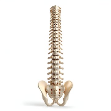 Human spine and pelvis anatomy model on white background.