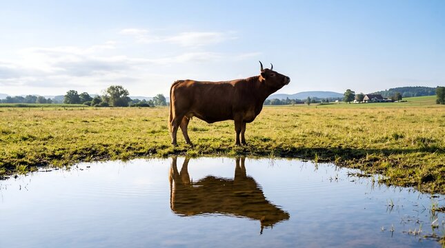 Brown cow standing in a grassy meadow with reflection in a pond