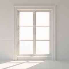 Fototapeta premium Minimalist White Window with Soft Natural Light and Blurred Nature Background