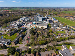Obraz premium Aerial view of Lister Hospital in Stevenage on sunny day. England