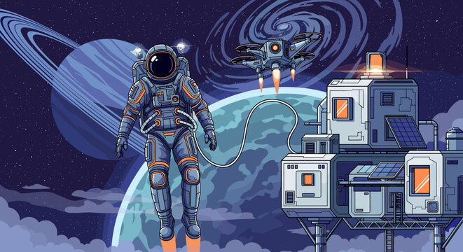 Astronaut in a futuristic spacesuit with a jetpack, tethered to a space station, with a drone flying nearby, against a backdrop of a ringed planet and swirling nebula.
