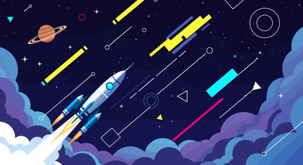 A stylized rocket ship blasts off into a vibrant, abstract outer space scene filled with geometric shapes and celestial bodies. © cemoro