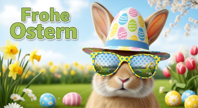 A brown rabbit wearing a patterned easter egg hat and blue polka dot sunglasses sits in a garden filled with spring flowers and colored eggs.