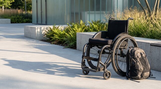 A sporty all-terrain wheelchair and a technical backpack resting on a micro-cement path in a modern park. Natural outdoor daylight simulation defines textures of matte black carbon fiber.