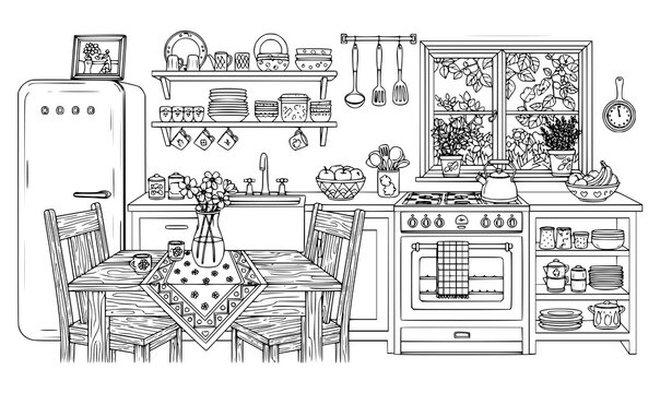 Detailed Cozy Kitchen Interior Coloring Page Line Art