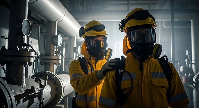 Hazmat Team Inspecting Industrial Facility Equipment.
