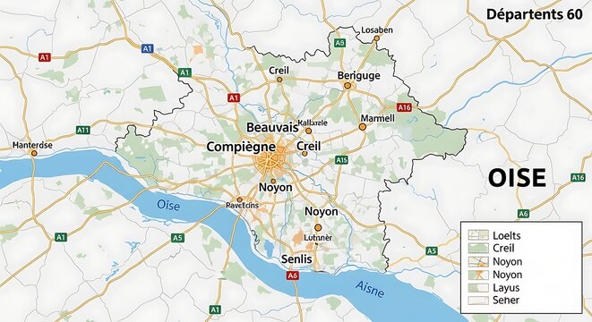 Map of Oise Department in France with cities and rivers.