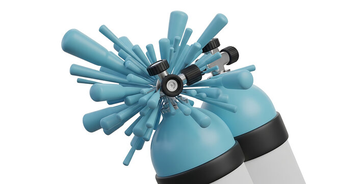 Two light blue scuba diving tanks with water splashing out from the regulator, isolated on white background, symbolizing underwater adventure or equipment malfunction