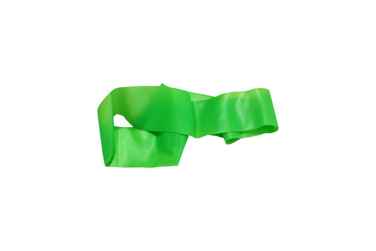 Green resistance band isolated on white background, twisted elastic loop with smooth latex finish, shadowed contour, ideal for home workout and pilates, versatile tool for rehab, mobility